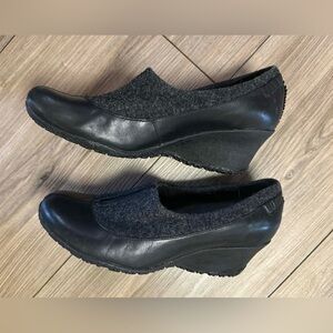 Merrell Black Felt and Leather Wedge Slip-Ons